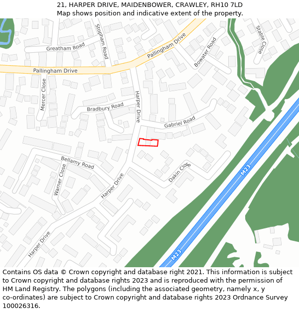 21, HARPER DRIVE, MAIDENBOWER, CRAWLEY, RH10 7LD: Location map and indicative extent of plot