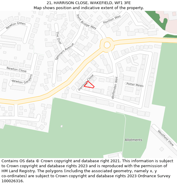 21, HARRISON CLOSE, WAKEFIELD, WF1 3FE: Location map and indicative extent of plot