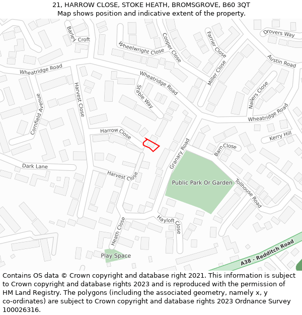 21, HARROW CLOSE, STOKE HEATH, BROMSGROVE, B60 3QT: Location map and indicative extent of plot