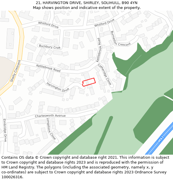 21, HARVINGTON DRIVE, SHIRLEY, SOLIHULL, B90 4YN: Location map and indicative extent of plot