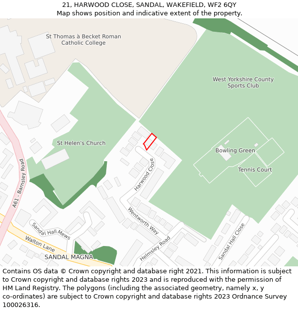 21, HARWOOD CLOSE, SANDAL, WAKEFIELD, WF2 6QY: Location map and indicative extent of plot