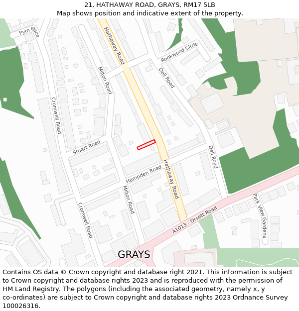 21, HATHAWAY ROAD, GRAYS, RM17 5LB: Location map and indicative extent of plot