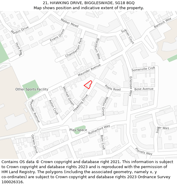 21, HAWKING DRIVE, BIGGLESWADE, SG18 8GQ: Location map and indicative extent of plot