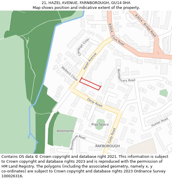 21, HAZEL AVENUE, FARNBOROUGH, GU14 0HA: Location map and indicative extent of plot