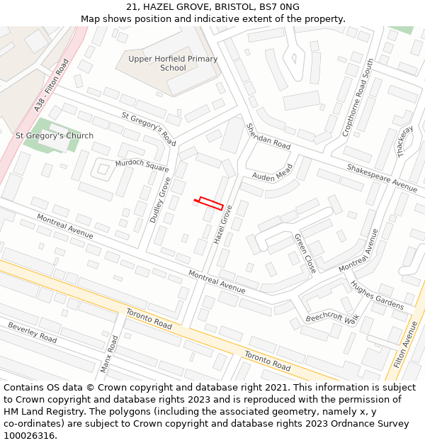 21, HAZEL GROVE, BRISTOL, BS7 0NG: Location map and indicative extent of plot