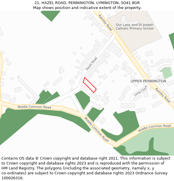 21, HAZEL ROAD, PENNINGTON, LYMINGTON, SO41 8GR: Location map and indicative extent of plot