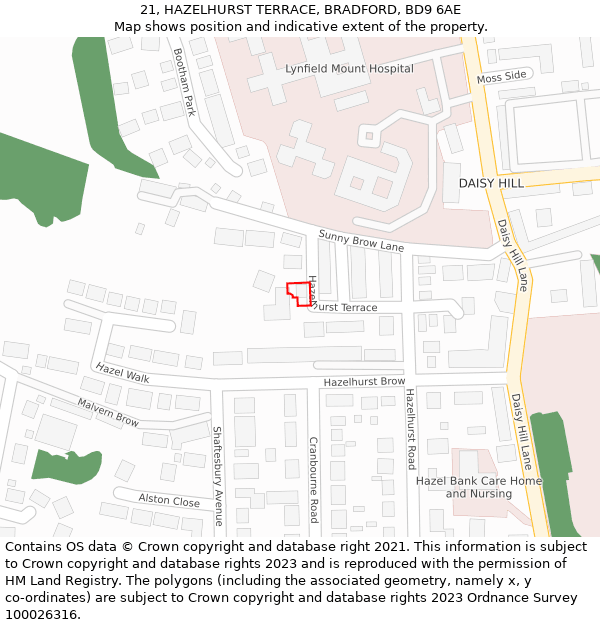 21, HAZELHURST TERRACE, BRADFORD, BD9 6AE: Location map and indicative extent of plot