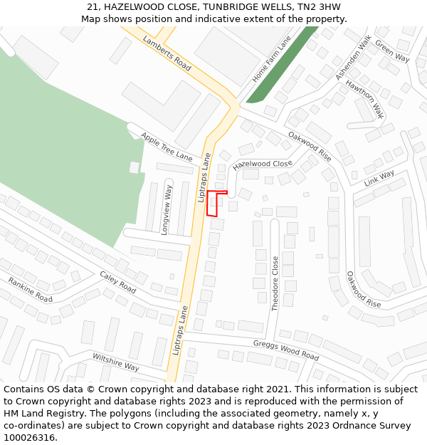 21, HAZELWOOD CLOSE, TUNBRIDGE WELLS, TN2 3HW: Location map and indicative extent of plot