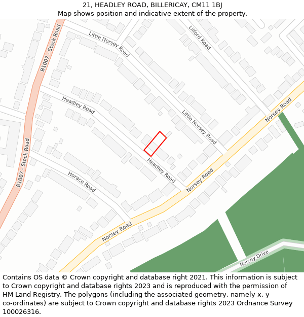 21, HEADLEY ROAD, BILLERICAY, CM11 1BJ: Location map and indicative extent of plot