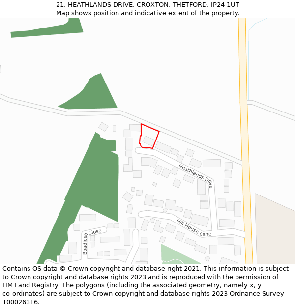 21, HEATHLANDS DRIVE, CROXTON, THETFORD, IP24 1UT: Location map and indicative extent of plot