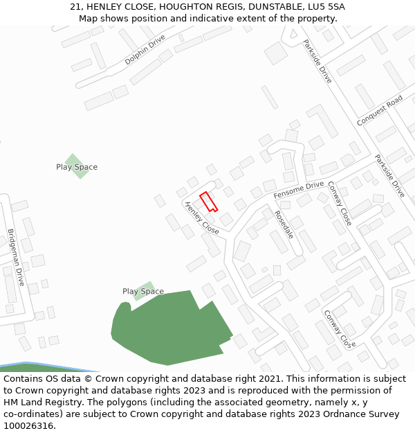 21, HENLEY CLOSE, HOUGHTON REGIS, DUNSTABLE, LU5 5SA: Location map and indicative extent of plot