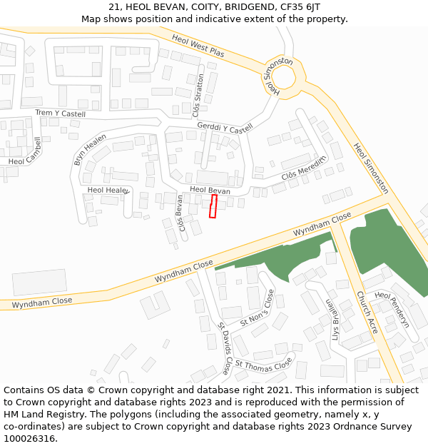 21, HEOL BEVAN, COITY, BRIDGEND, CF35 6JT: Location map and indicative extent of plot