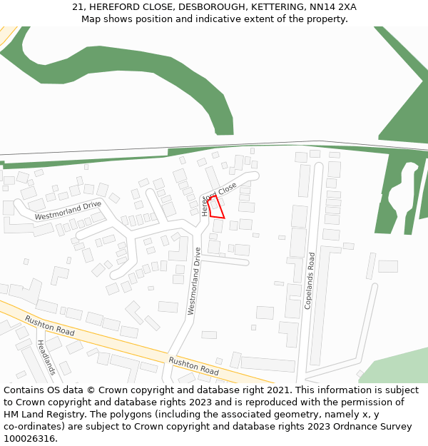 21, HEREFORD CLOSE, DESBOROUGH, KETTERING, NN14 2XA: Location map and indicative extent of plot