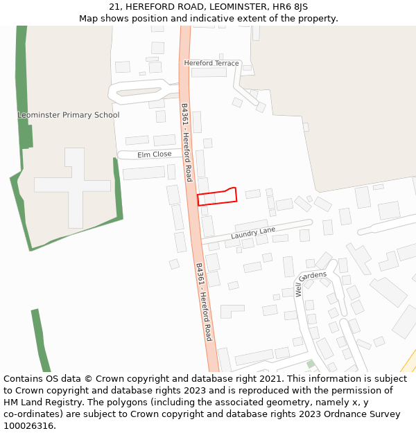 21, HEREFORD ROAD, LEOMINSTER, HR6 8JS: Location map and indicative extent of plot