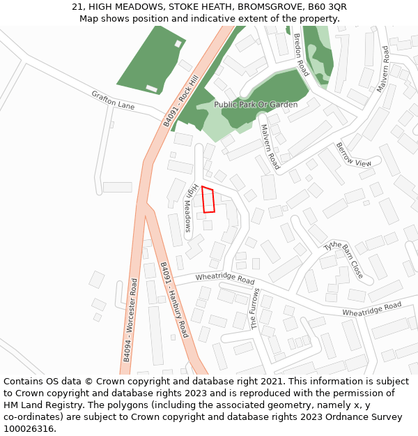 21, HIGH MEADOWS, STOKE HEATH, BROMSGROVE, B60 3QR: Location map and indicative extent of plot