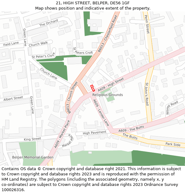 21, HIGH STREET, BELPER, DE56 1GF: Location map and indicative extent of plot