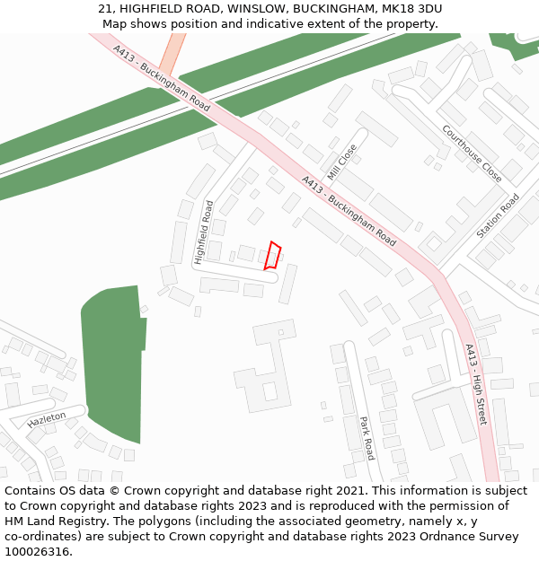 21, HIGHFIELD ROAD, WINSLOW, BUCKINGHAM, MK18 3DU: Location map and indicative extent of plot