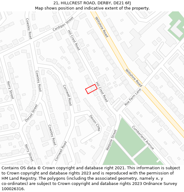 21, HILLCREST ROAD, DERBY, DE21 6FJ: Location map and indicative extent of plot
