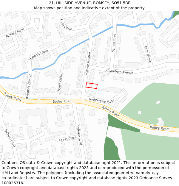 21, HILLSIDE AVENUE, ROMSEY, SO51 5BB: Location map and indicative extent of plot