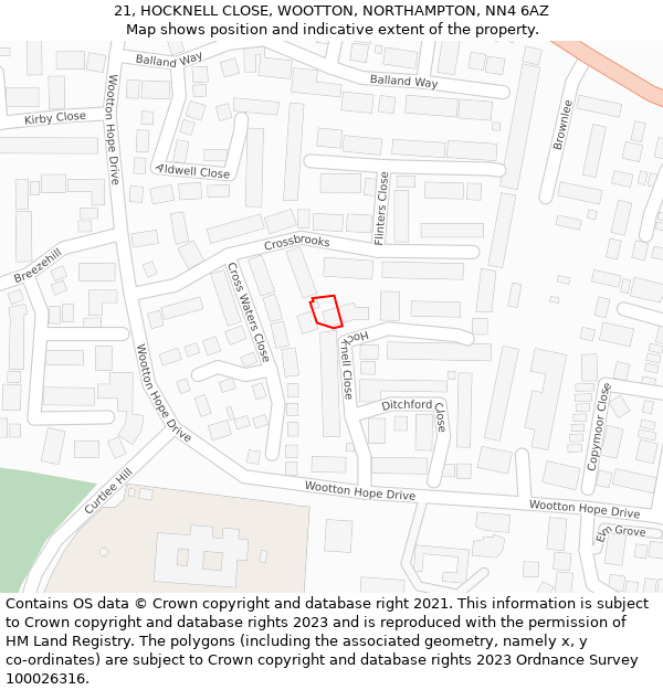 21, HOCKNELL CLOSE, WOOTTON, NORTHAMPTON, NN4 6AZ: Location map and indicative extent of plot