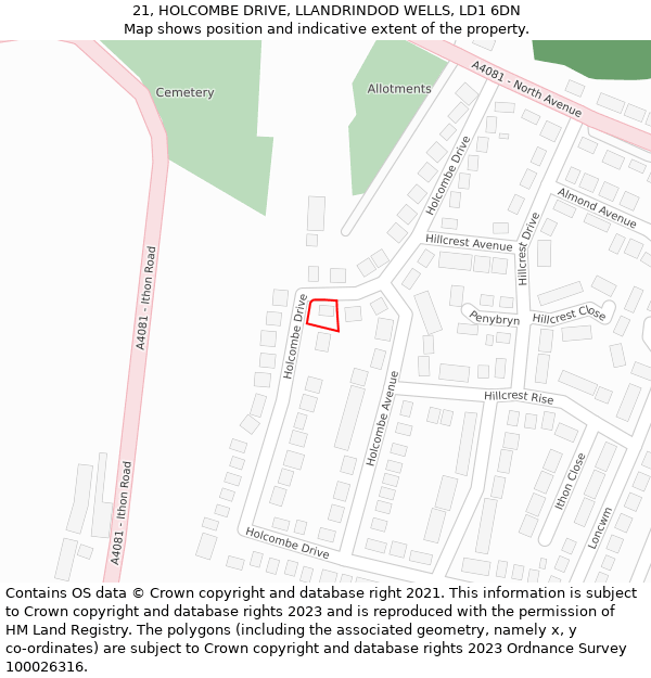 21, HOLCOMBE DRIVE, LLANDRINDOD WELLS, LD1 6DN: Location map and indicative extent of plot