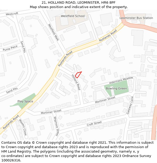 21, HOLLAND ROAD, LEOMINSTER, HR6 8PF: Location map and indicative extent of plot