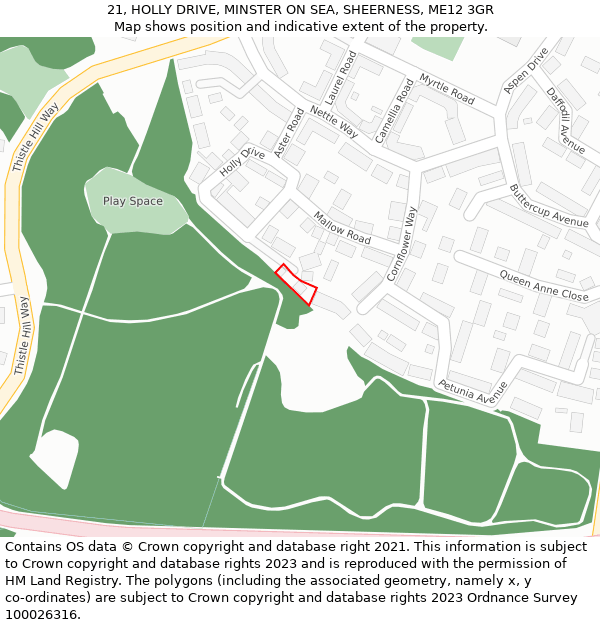 21, HOLLY DRIVE, MINSTER ON SEA, SHEERNESS, ME12 3GR: Location map and indicative extent of plot