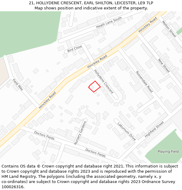 21, HOLLYDENE CRESCENT, EARL SHILTON, LEICESTER, LE9 7LP: Location map and indicative extent of plot