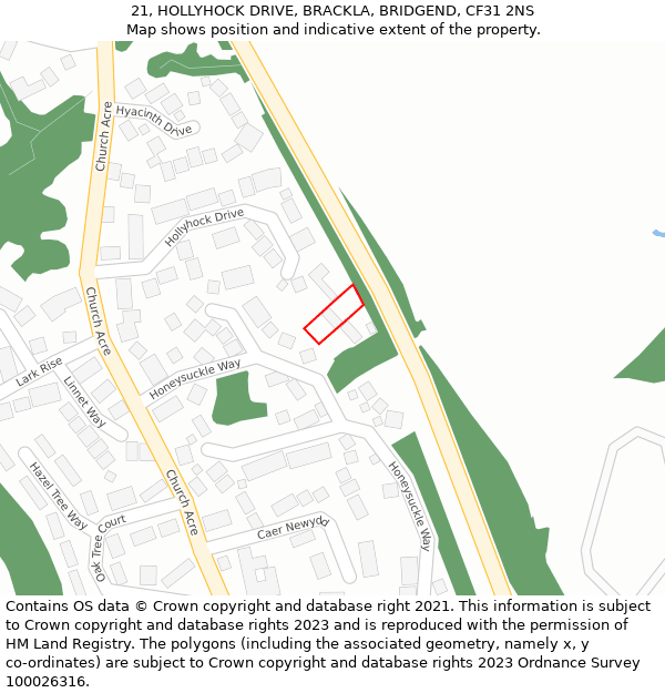 21, HOLLYHOCK DRIVE, BRACKLA, BRIDGEND, CF31 2NS: Location map and indicative extent of plot
