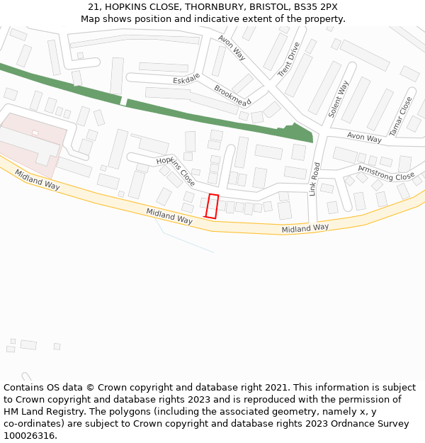 21, HOPKINS CLOSE, THORNBURY, BRISTOL, BS35 2PX: Location map and indicative extent of plot