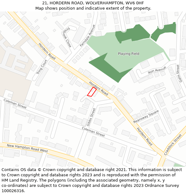 21, HORDERN ROAD, WOLVERHAMPTON, WV6 0HF: Location map and indicative extent of plot