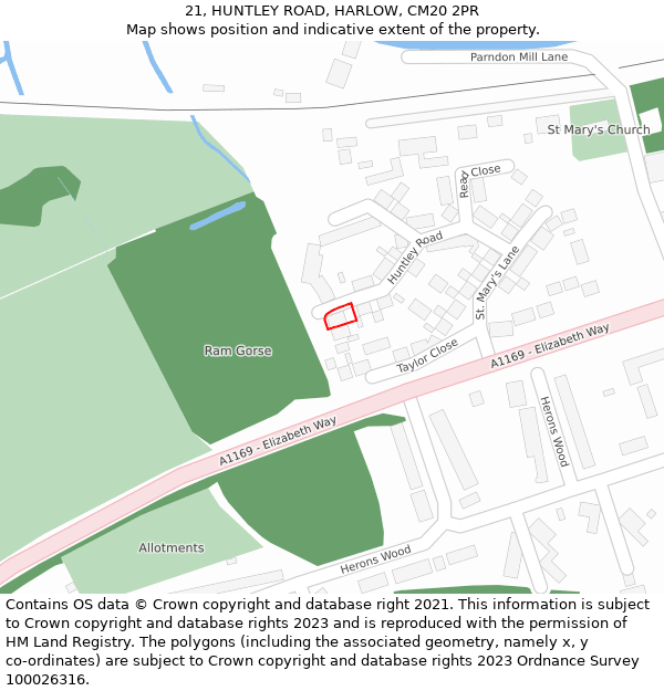 21, HUNTLEY ROAD, HARLOW, CM20 2PR: Location map and indicative extent of plot