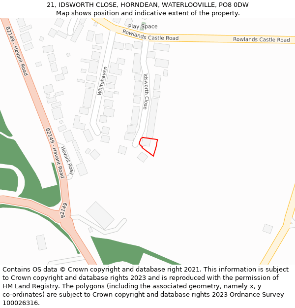 21, IDSWORTH CLOSE, HORNDEAN, WATERLOOVILLE, PO8 0DW: Location map and indicative extent of plot
