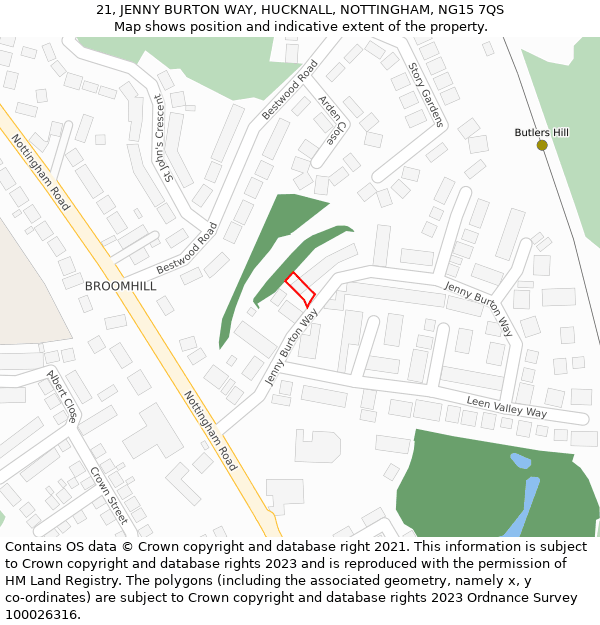 21, JENNY BURTON WAY, HUCKNALL, NOTTINGHAM, NG15 7QS: Location map and indicative extent of plot