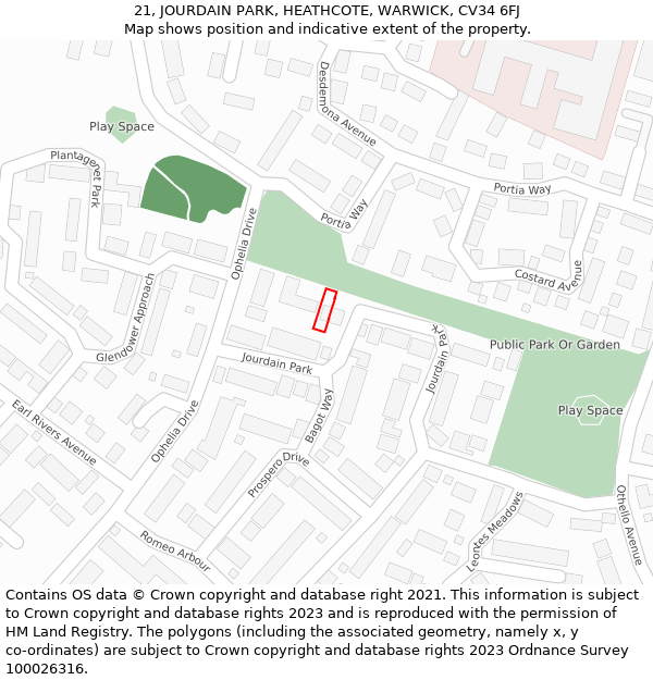 21, JOURDAIN PARK, HEATHCOTE, WARWICK, CV34 6FJ: Location map and indicative extent of plot
