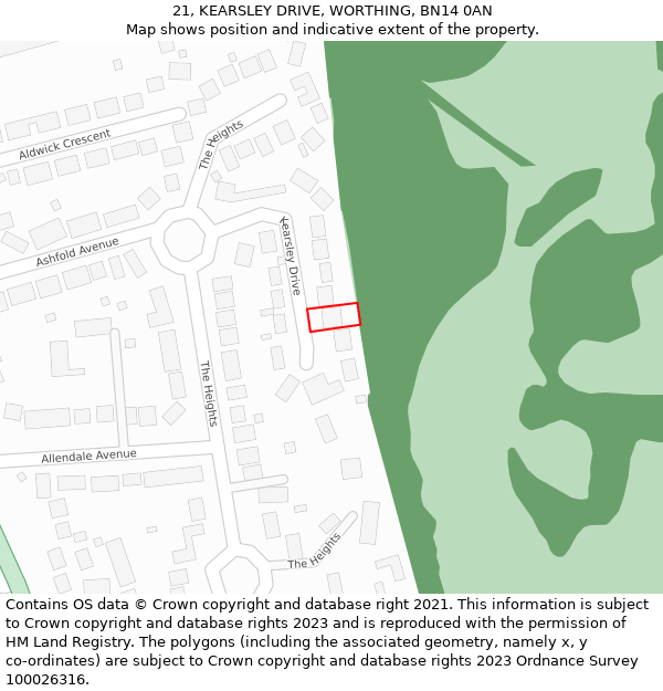 21, KEARSLEY DRIVE, WORTHING, BN14 0AN: Location map and indicative extent of plot
