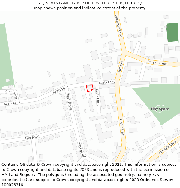 21, KEATS LANE, EARL SHILTON, LEICESTER, LE9 7DQ: Location map and indicative extent of plot