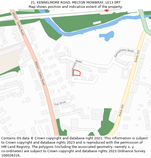 21, KENNELMORE ROAD, MELTON MOWBRAY, LE13 0RT: Location map and indicative extent of plot