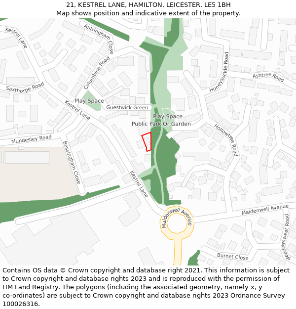 21, KESTREL LANE, HAMILTON, LEICESTER, LE5 1BH: Location map and indicative extent of plot