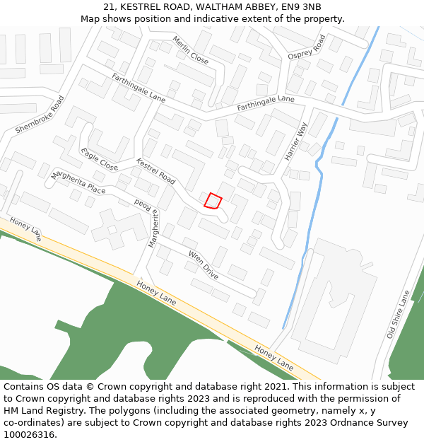 21, KESTREL ROAD, WALTHAM ABBEY, EN9 3NB: Location map and indicative extent of plot