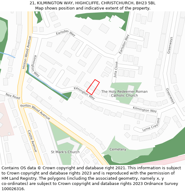 21, KILMINGTON WAY, HIGHCLIFFE, CHRISTCHURCH, BH23 5BL: Location map and indicative extent of plot