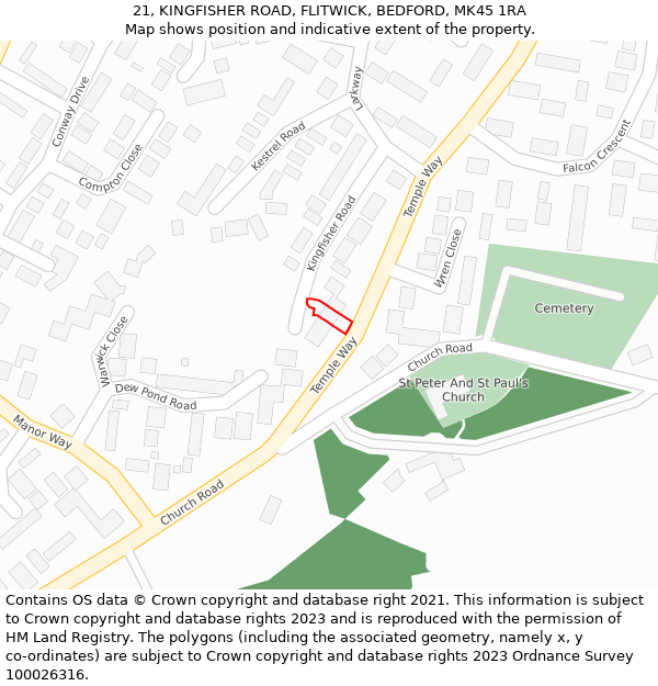 21, KINGFISHER ROAD, FLITWICK, BEDFORD, MK45 1RA: Location map and indicative extent of plot
