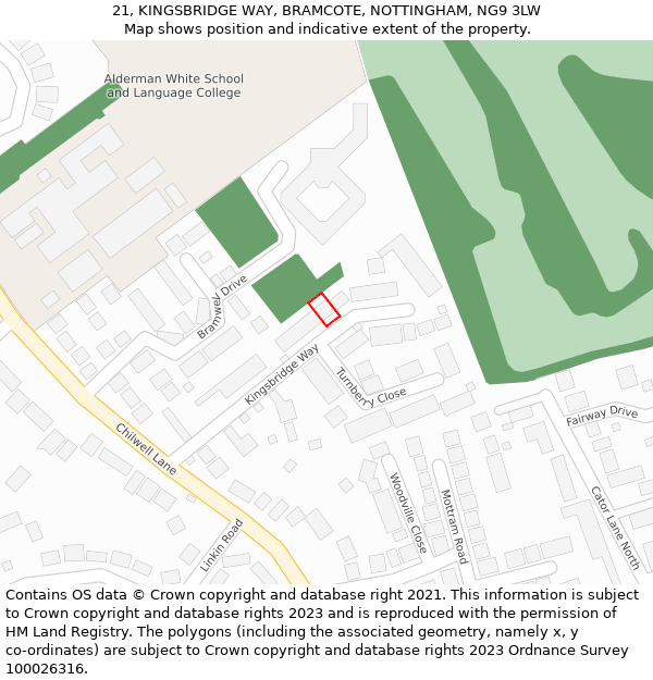 21, KINGSBRIDGE WAY, BRAMCOTE, NOTTINGHAM, NG9 3LW: Location map and indicative extent of plot