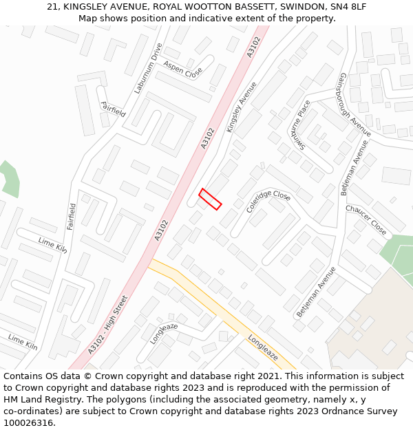 21, KINGSLEY AVENUE, ROYAL WOOTTON BASSETT, SWINDON, SN4 8LF: Location map and indicative extent of plot