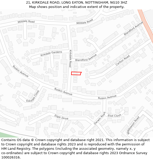 21, KIRKDALE ROAD, LONG EATON, NOTTINGHAM, NG10 3HZ: Location map and indicative extent of plot