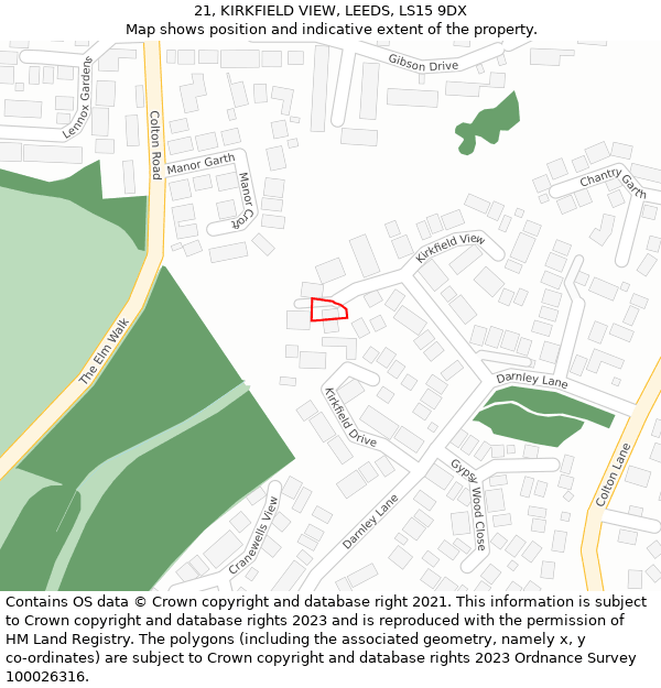 21, KIRKFIELD VIEW, LEEDS, LS15 9DX: Location map and indicative extent of plot