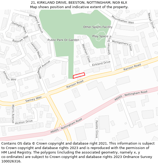 21, KIRKLAND DRIVE, BEESTON, NOTTINGHAM, NG9 6LX: Location map and indicative extent of plot