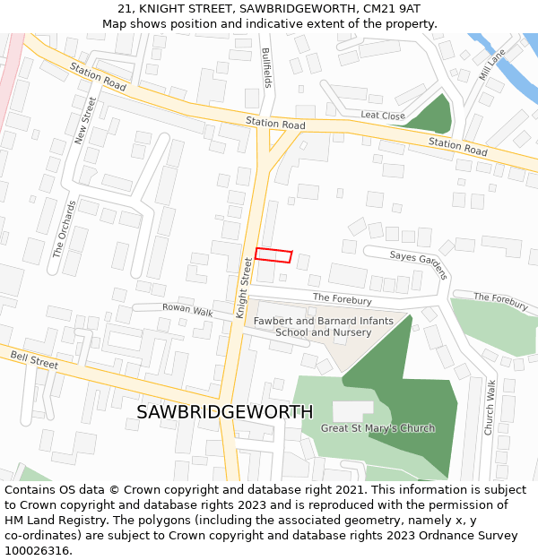 21, KNIGHT STREET, SAWBRIDGEWORTH, CM21 9AT: Location map and indicative extent of plot