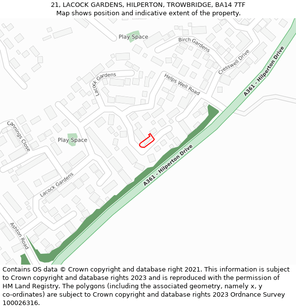 21, LACOCK GARDENS, HILPERTON, TROWBRIDGE, BA14 7TF: Location map and indicative extent of plot