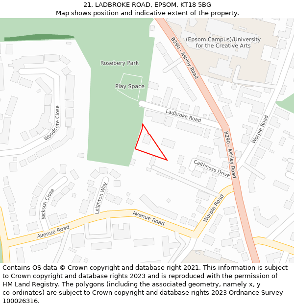 21, LADBROKE ROAD, EPSOM, KT18 5BG: Location map and indicative extent of plot